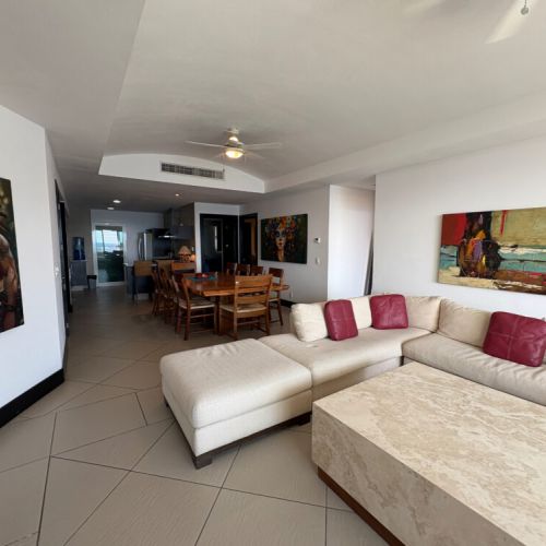 Living room seating and dining table area