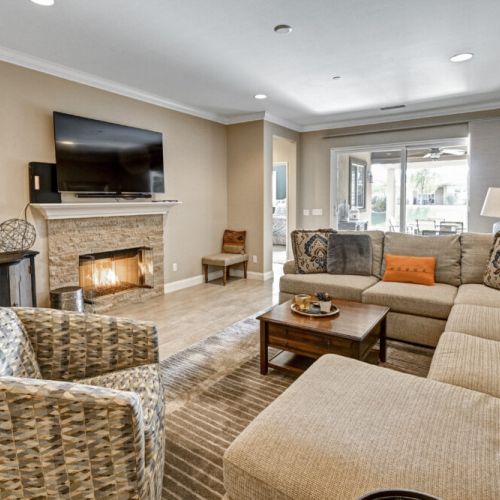 Living Room, Fireplace and Entrance to Back Patio